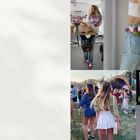 Einige Frauen bei einer Party im Freien, eine Frau in der Küche und Blumen in Hosentaschen.