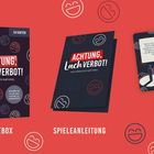 "Achtung, Lachverbot! Das verrückte Partyspiel." Auf rotem Hintergrund: Spielebox, Spielanleitung, 54 Karten.