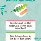 BONUS-AUFGABEN. Zeichnung: Hand hält ein Blatt. Fragen in farbigen Boxen: Größe und Herkunft des Blattes.