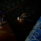 Ein Wolf mit einem Schwert schwingt an einem Seil. Ein Panda schaut erstaunt hoch.