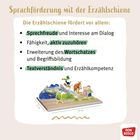 Text: Sprachförderung mit der Erzählschiene. Fördert Sprechfreude, aktives Zuhören, Wortschatz, Textverständnis. Don Bosco Logo.