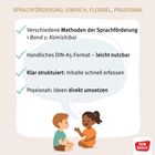Text über Sprachförderung: Methoden, DIN-A5-Format, klar strukturiert, praxisnah. Illustration von zwei sitzenden Kindern.