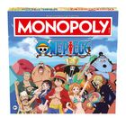 "MONOPOLY" in rotem Kasten oben, darunter "ONE PIECE". Darunter fröhliche Anime-Charaktere in lebendigen Kostümen.