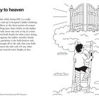 Text: "Stairway to heaven. Falling off a ladder while doing DIY..."
Illustration: Eine Person mit Gipsbeinen klettert eine Leiter zu Wolken mit Toren hoch.