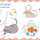 Text: "Playful pets. Which pet is ready to play? Which pet do you think will chase this ball of string?" Illustrationen von Hund, Katze, Maus, Kaninchen, Papagei, Goldfisch, Schildkröte.