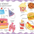 "Party time! Are you celebrating a special occasion?" Bunte Zeichnungen von Partyartikeln wie Kuchen, Ballons, Hut.