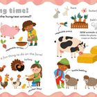 "Feeding time! Which looks like the hungriest animal?" Illustrationen von Tieren und Menschen, die auf einem Bauernhof interagieren.