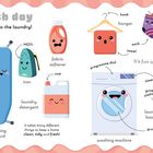 "Wash day. Time to do the laundry!", zeigt lächelnde Waschutensilien und ein Kind mit Wäschekorb.