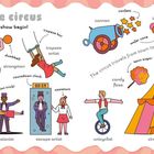Überschrift: "At the circus". Darunter: "Let the show begin!" Verschiedene Zirkusfiguren und -elemente sind illustriert.