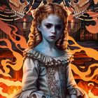 Eine Illustration zeigt ein blasses Mädchen in einem viktorianischen Kleid, umgeben von Flammen, Totenschädeln und Kerzen.