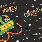 Ein fröhlicher Weihnachtsmann mit Geschenken im Schlitten, gezogen von Rentieren durch den Schneefall. Texte: "WHEEE!! MERRY CHRISTMAS!!"