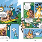 Comic mit aufgeregten Figuren, Explosionen und Dialogen wie: "AHHH!", "I TAKE IT BACK!", "RUN, Cooper!" und "SKREEE".