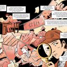 Comic-Stil Illustration über Sherlock Holmes' Anfänge, Erfolge und Einfluss; enthält Textboxen mit historischer Einordnung.