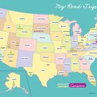 "My Road Trip Map" oben rechts, Karte der USA mit Bundesstaaten, Städten und Nationalparks. Kompassrose rechts unten.