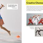 „Creative Choreography“, Zitat von Alvin Ailey: „I’m a choreographer...“. Ein Kind springt über Hütchen; Tänzer in weißen und roten Outfits.