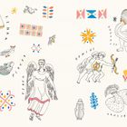 Tierkreiszeichen: Waage, Fische, Jungfrau, Aquarius, Zwillinge, Steinbock. Illustrationen von Symbolen und Fabelwesen.