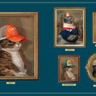 Texte: "OVER IT", "FLOCK IT", "LIVING MY BEST LIVES", "MICE MICE BABY", "FUR BALL". 

Gemälde von Tieren mit Caps.