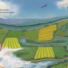 Ein Zitat beschreibt Treffen mit Freunden am anderen Ufer. Drei Personen paddeln im Kanu über Felder und Flüsse.