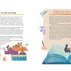 Links oben: "This is a Love Letter". Rechts oben: "Check Out the Helpers". Unten bunte Illustrationen mit Menschen und Büchern.