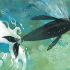 Text links: „INHALE ... a tail flaps, waves, and the dive begins.“  
Ein Wal schwimmt im grünen Wasser.