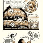 Illustration: Zwei Personen sprechen über Kompostierung. Oben Mikroben und Würmer im Kompost. Unten eine Tonne.