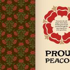 "PREENED to the nth degree, these dainty dandies pranced" steht in einem kreisförmigen Muster, mit "PROUD PEACOCK" darunter. Links Blumenmuster.