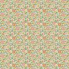 Blumenmuster mit rosa, gelben und grünen Elementen. Verspielte Blumen und Blätter wiederholen sich regelmäßig.