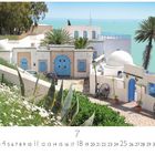"Tunis, Sidi Bou Said" oben links. Mediterraner Ort mit weißen Gebäuden, blauen Türen und Fenstern, Palmen, Blick aufs Meer.
