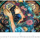 "Glasfenster", darunter eine Kalenderdarstellung. Eine Frau mit Blumenkranz in einem bunten Glasfenster-Design.