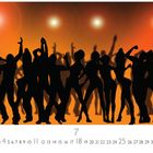 Kalender mit Zahlen 1 bis 31 unten, große 7 hervorgehoben. Tanzende Silhouetten vor orangefarbenem Hintergrund.