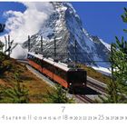Text: Schweiz, Matterhorn, Casares Edition, Zahlen 1-31 und 7 hervorgehoben. Eine orange Bahn fährt vor dem Matterhorn.