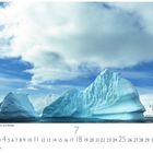 "Landschaft mit Schnee, Eis und Wolken." Große Eisberge unter einem bewölkten Himmel, darunter eine Kalenderleiste.