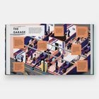 "The Garage" beschreibt Illustrationen einer Formel-1-Garage mit Mechanikern und Ausrüstungen. Textfelder erklären Details.