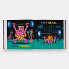 Illustration: Links hebt ein pinkes Monster Gewichte, Text: "MONSTER IS STRONG." Rechts bricht der Boden ein, Text: "FLOOR IS WEAK."