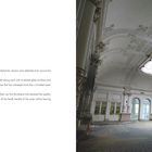 "Hotel Paragon – Emilia-Romagna" steht auf der linken Seite. Rechts ist ein prunkvoller, leerer Saal mit Stuckverzierungen.