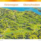 Ferienregion Oberschwaben. Illustrierte Karte mit Seen, Flüssen und Städten wie Ravensburg und Friedrichshafen.