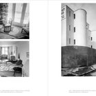 Links: "Wohnraum, Entwurf: Josef Frank". Rechts: Gebäude mit abgerundeten Fassaden.