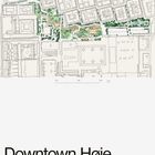 Text: "Downtown Høje Taastrup". Stadtplan mit grünen Parks und Gebäuden in Draufsicht.