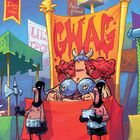 "GNAG" und "Autogramme" auf rotem Banner vor einer rothaarigen Kriegerin mit Helm, umgeben von zwei Wachen.