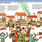 Text: "RAUS AUF DIE STRASSE". Menschen essen Sushi auf einem Markt. Sie unterhalten sich und bieten Essen an. Bunte Gebäude im Hintergrund.