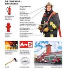 "Die Feuerwehr - Zjarrfikësja" zeigt Ausrüstungen wie Feuerlöscher, Hydrant, Axt und Rauchmelder sowie Feuerwehrmann und -wache.