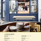 "DURCH DEN MAGEN" über einem Café-Fenster. Wörterliste: Vollmilch, Magermilch, Hafermilch, Mandelmilch, Sojamilch.