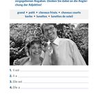 Beschreibe Personen anhand vorgegebener Adjektive. Zwei Personen (eine mit Brille) lächelnd in einem Garten.