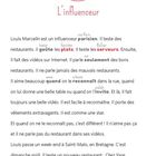 "15 L'influenceur. Louis Marcelin est un influenceur parisien. Il teste des restaurants..."  
Auf weißem Hintergrund, rote und graue Textakzente.