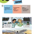 Kapitel 10: It’s party time! Wortschatz, Kommunikation, Grammatik. Eine Illustration mit Personen am Flughafen.