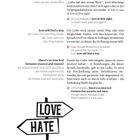 Texte: "love at first sight", "love will find a way", "there's no love lost between (name) and (name)", daneben schwarz-weiße Schilder mit "LOVE" und "HATE".