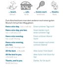 Text mit Abschieds- und Willkommensfloskeln, Illustrationen von Strand, Café, Tennisplatz und Theatermasken.