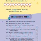 "Lösungswort" und "Lösungen der Rätsel" sind prominent. Seitenangaben mit Lösungen und Tipps. Farbenfrohe Gestaltung.