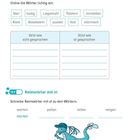 Texte: "Sprich deutlich", "Reimwörter mit st", "Toll, dass du so fleißig übst!" Illustration: Blauer Drache mit Hut.