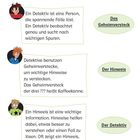 Texte: "Das Geheimversteck", "Der Hinweis", "Der Detektiv". Illustrationen mit fröhlichen Gesichtern. Anleitung zur Zuordnung von Texten.